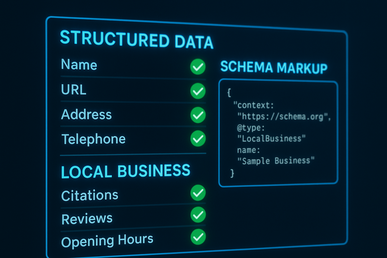 Digital dashboard displaying structured schema markup and local business entity verification signals for AI search