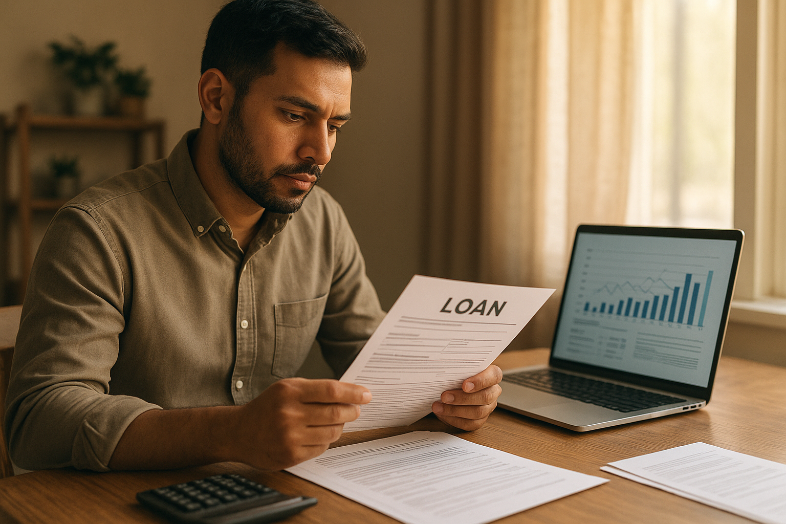 Small business owner reviewing business loans paperwork at desk