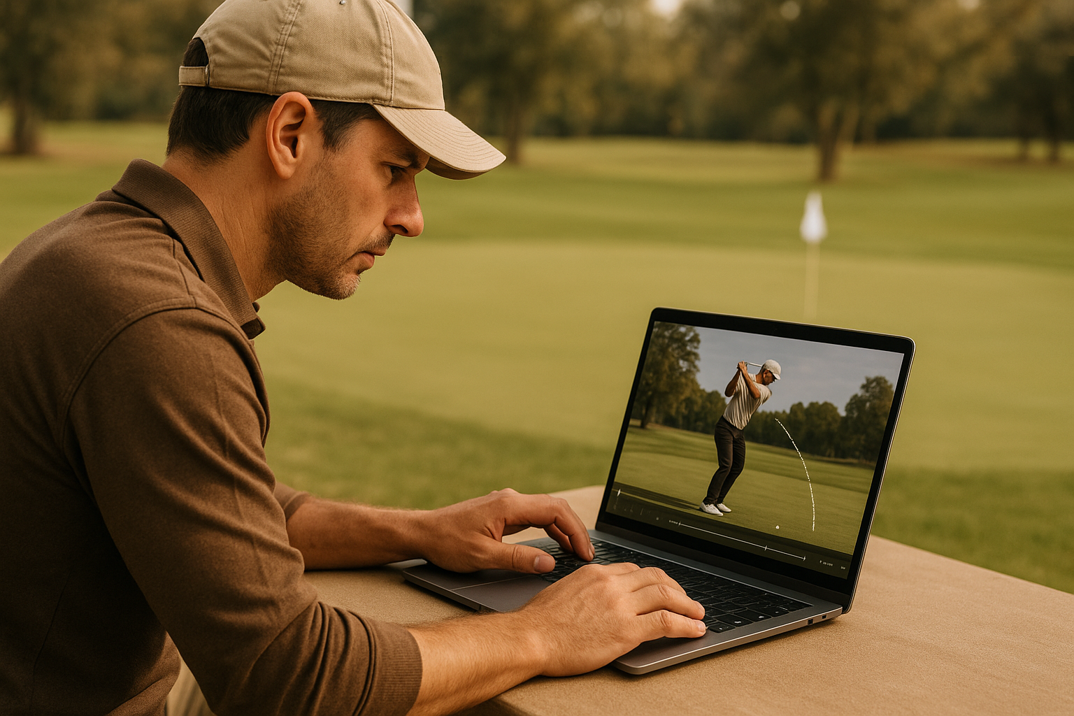 Golfer reviewing remote swing dynamics analysis on a laptop near the practice green