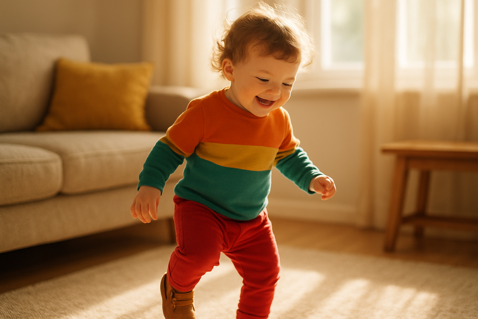 Toddler wearing sustainable rental outfit in a sunlit living room