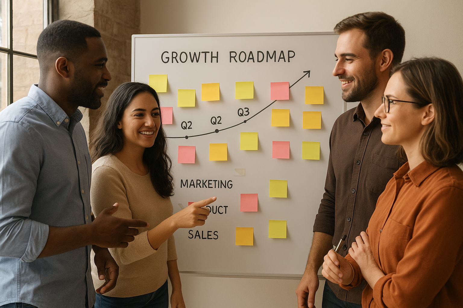 Team mapping organizational development processes on a whiteboard during a strategy session