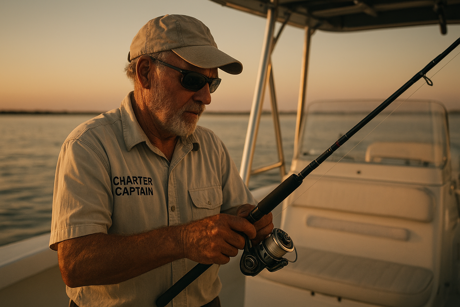 Captain demonstrating advanced fishing techniques North Myrtle Beach charters use while trolling offshore