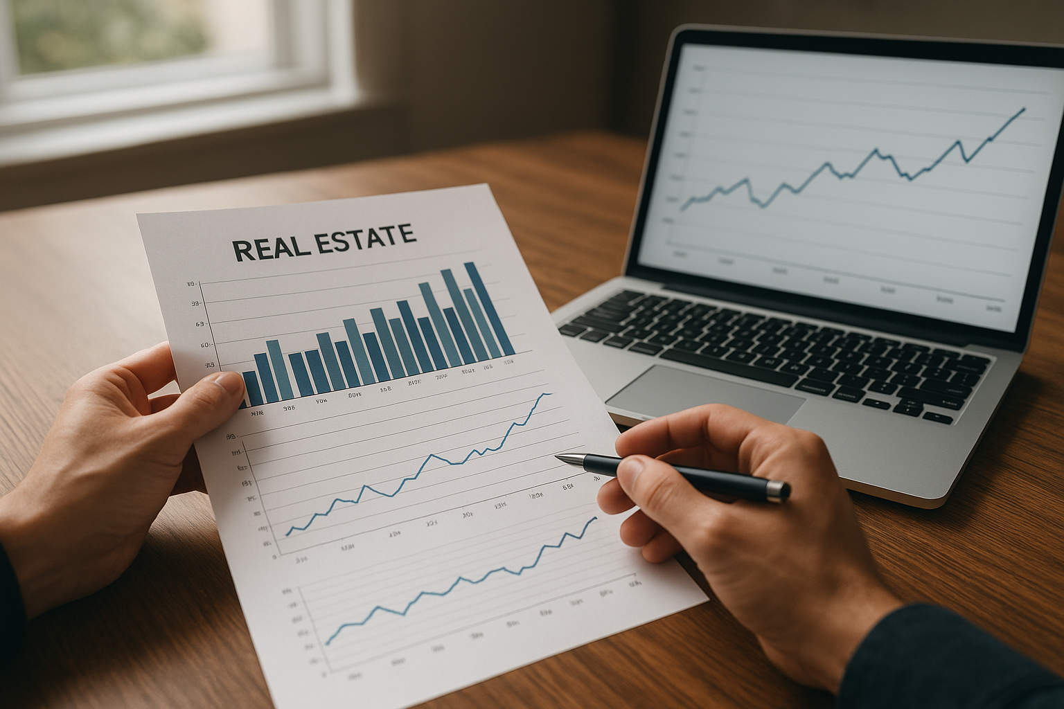 Person reviewing housing market news charts and data on a laptop