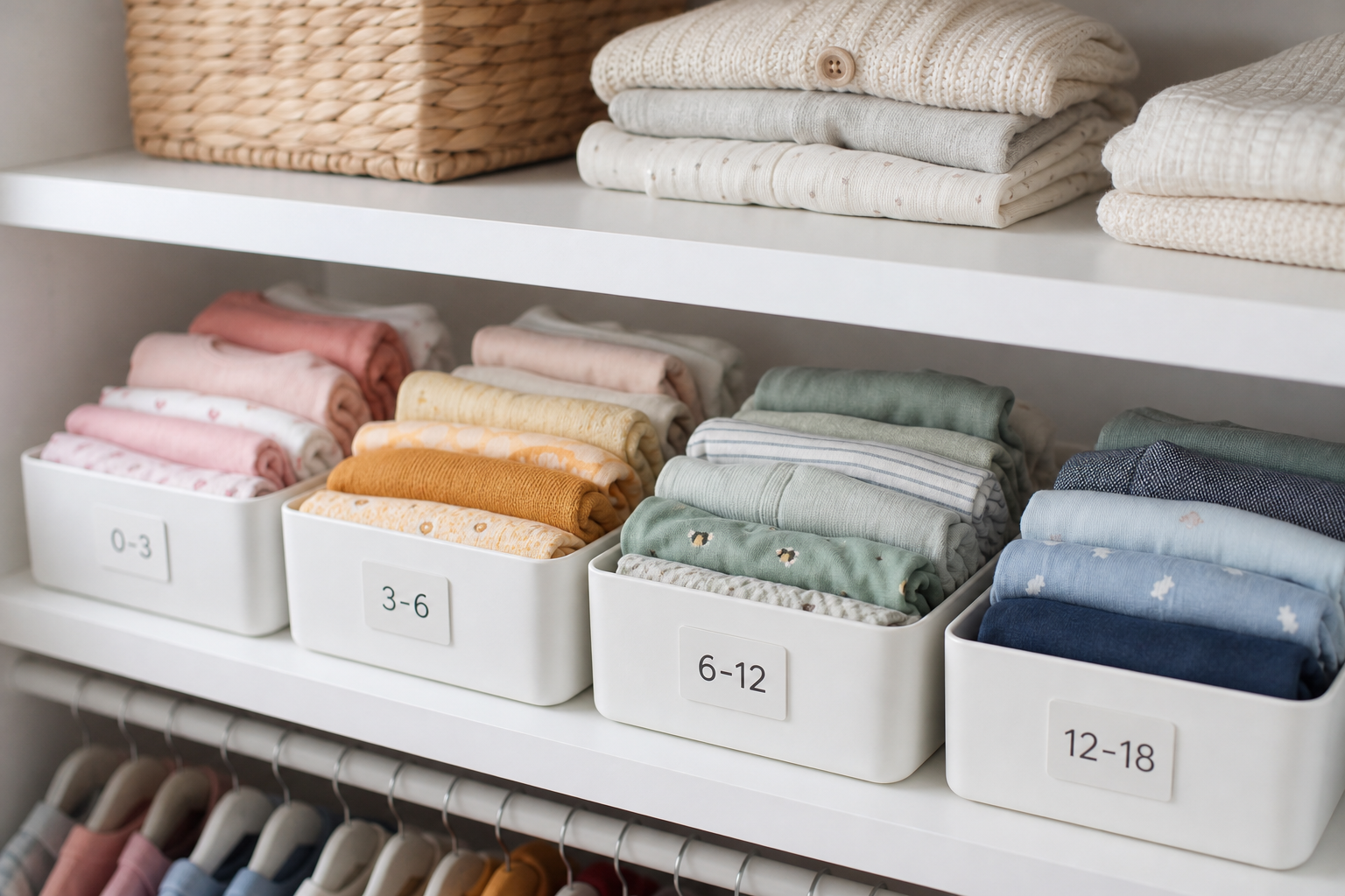 Organized closet shelf showing rotating children's clothing bundles for a seasonal rental plan