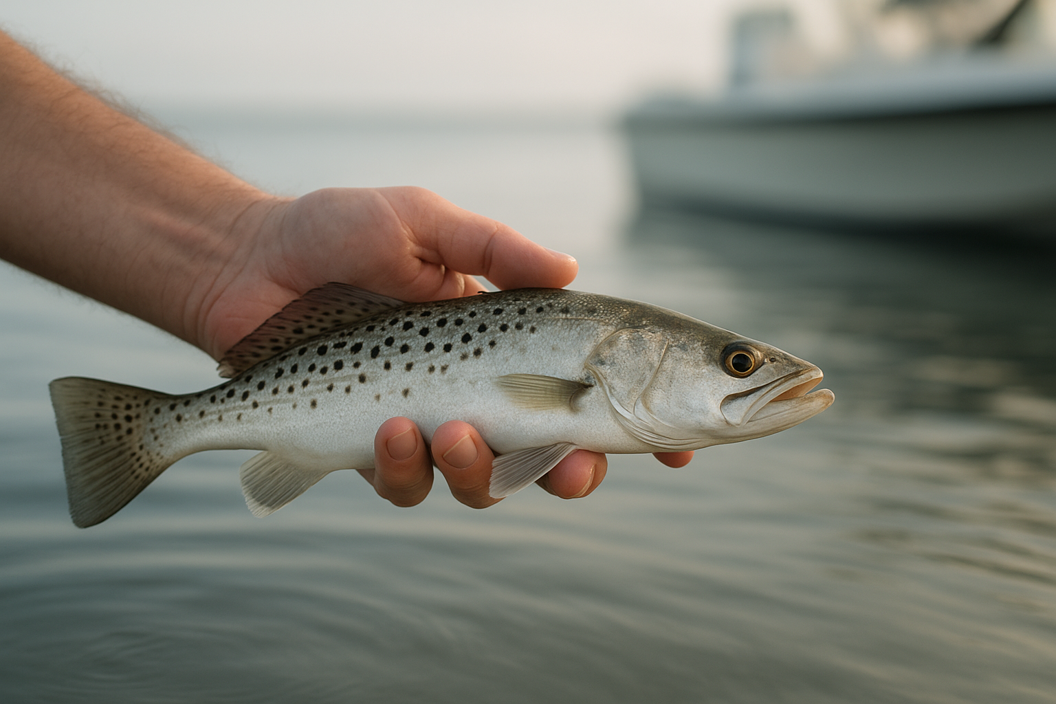 Angler releasing a speckled sea trout caught during a private inshore fishing trip near the Grand Strand