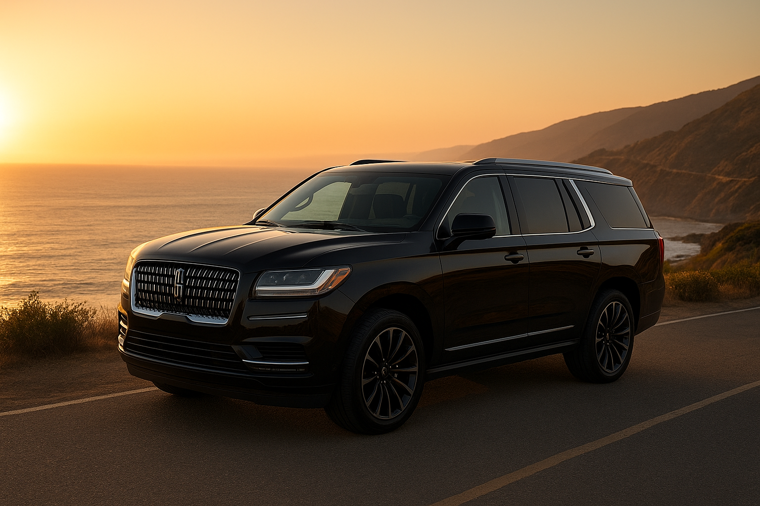 Peninsula limousine SUV parked along a coastal cliffside road at sunset