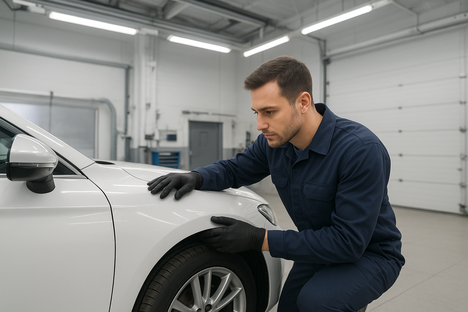 Technician inspecting vehicle damage at a certified collision center Brea