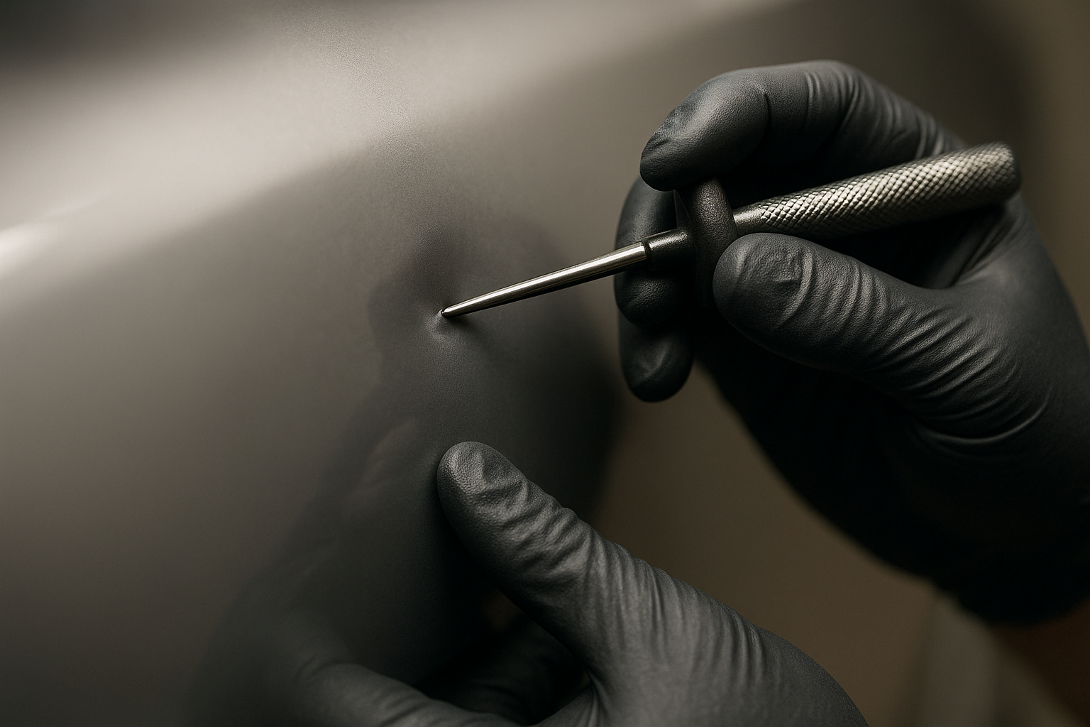 Close-up of paintless dent removal during professional car restoration work