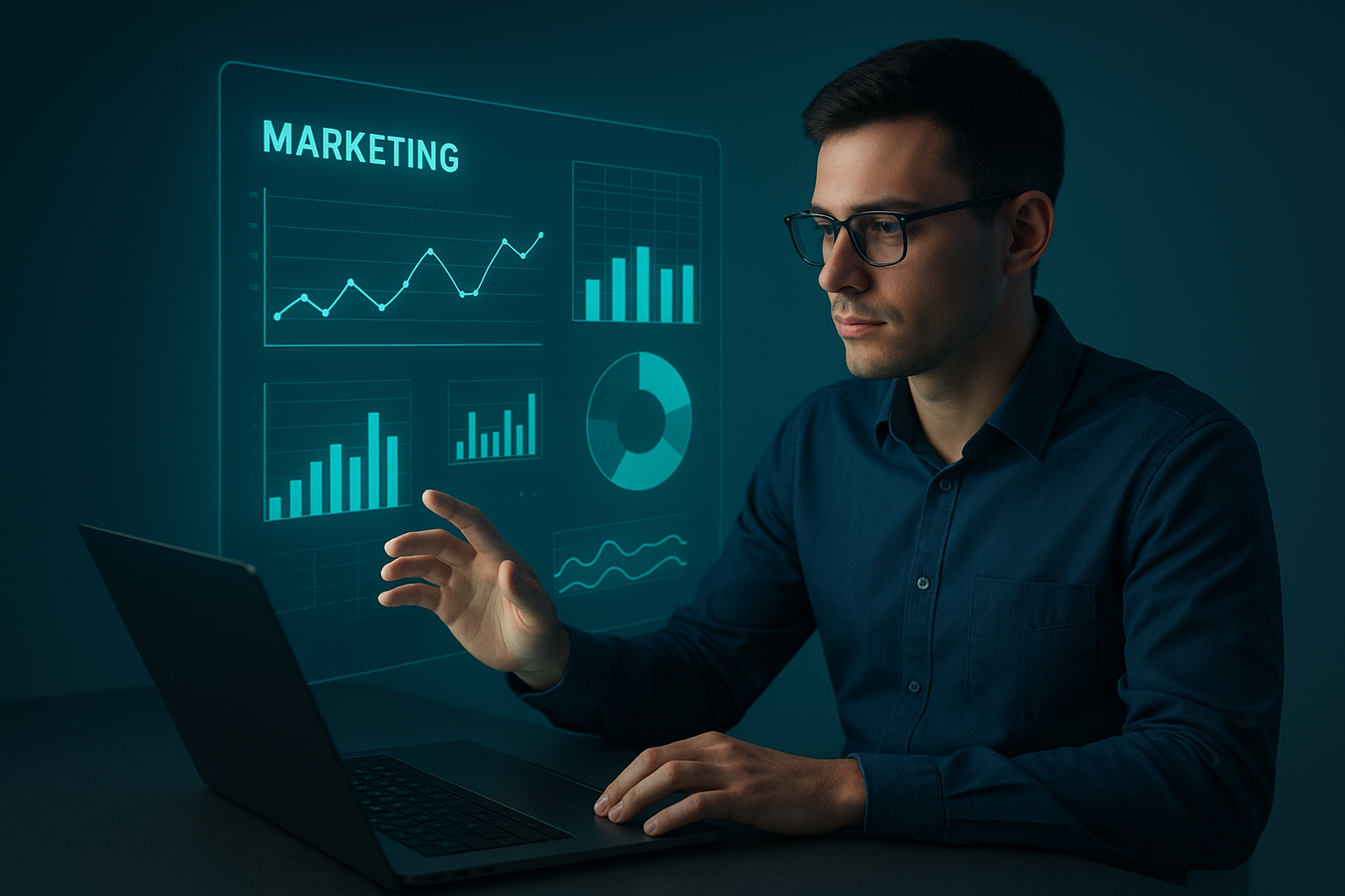 Marketer analyzing AI marketing insights displayed on a digital dashboard