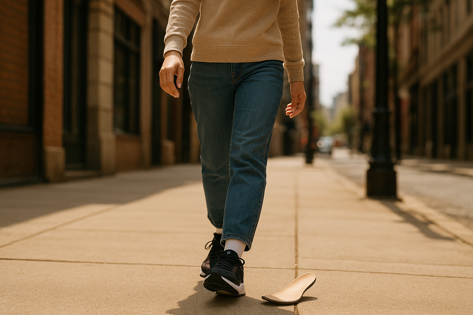 Person walking comfortably outdoors while wearing custom orthotics for daily use inside their sneakers