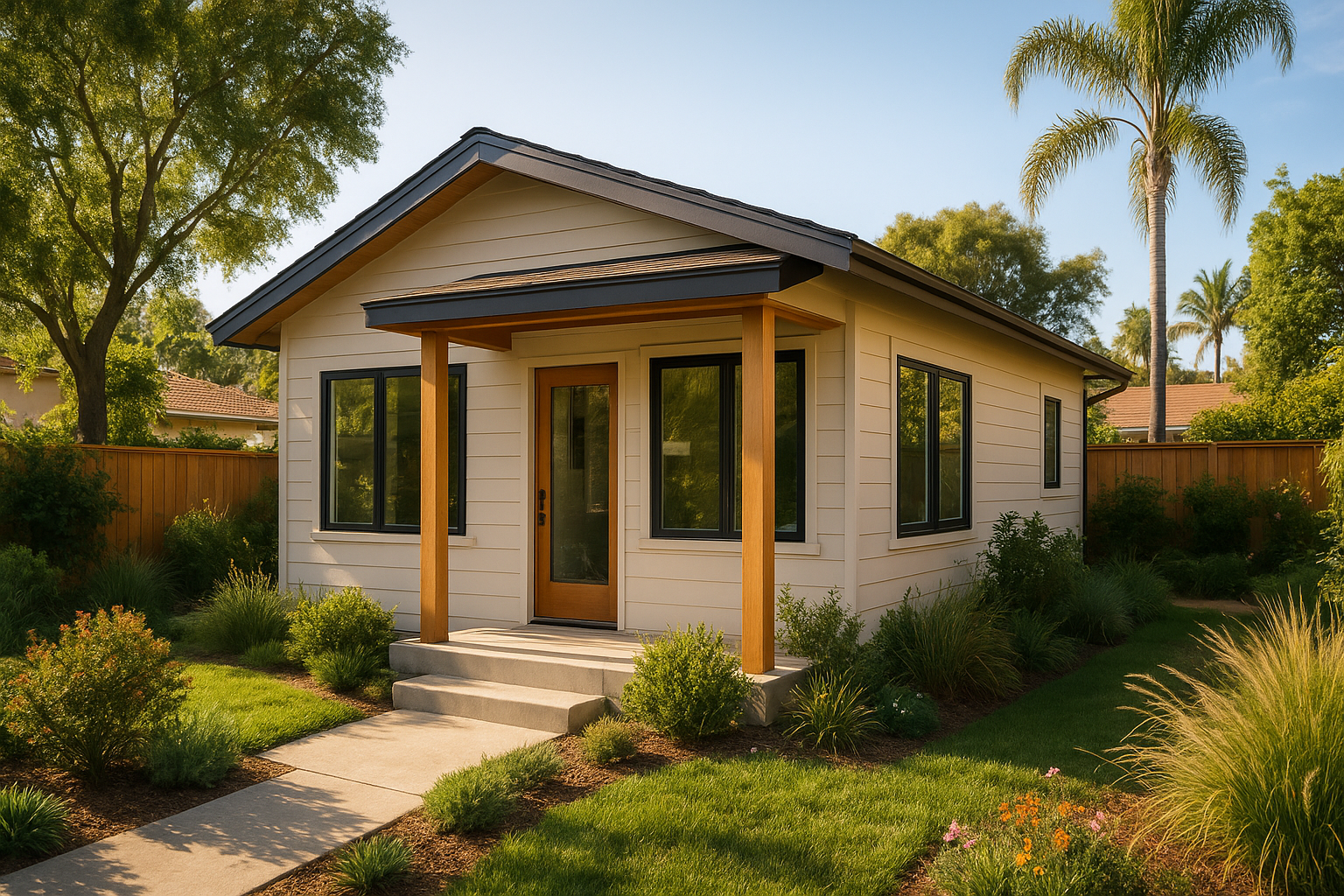 Modern detached Jurupa Valley ADU with large windows and covered porch in a sunny backyard