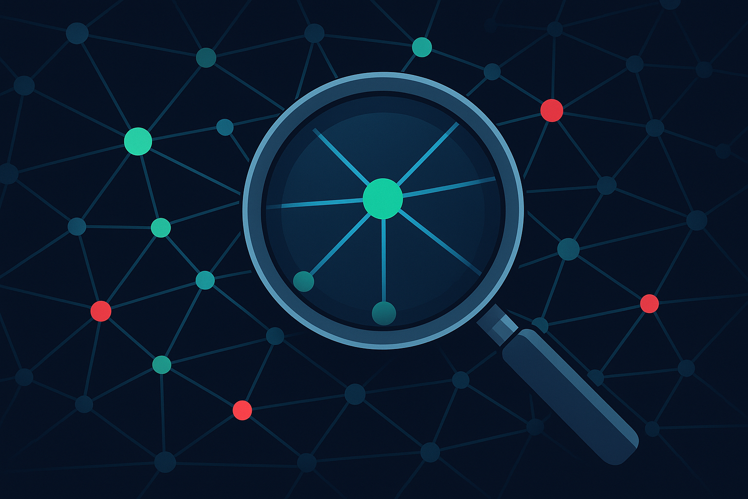 Magnifying glass analyzing a backlink network with healthy and toxic link indicators