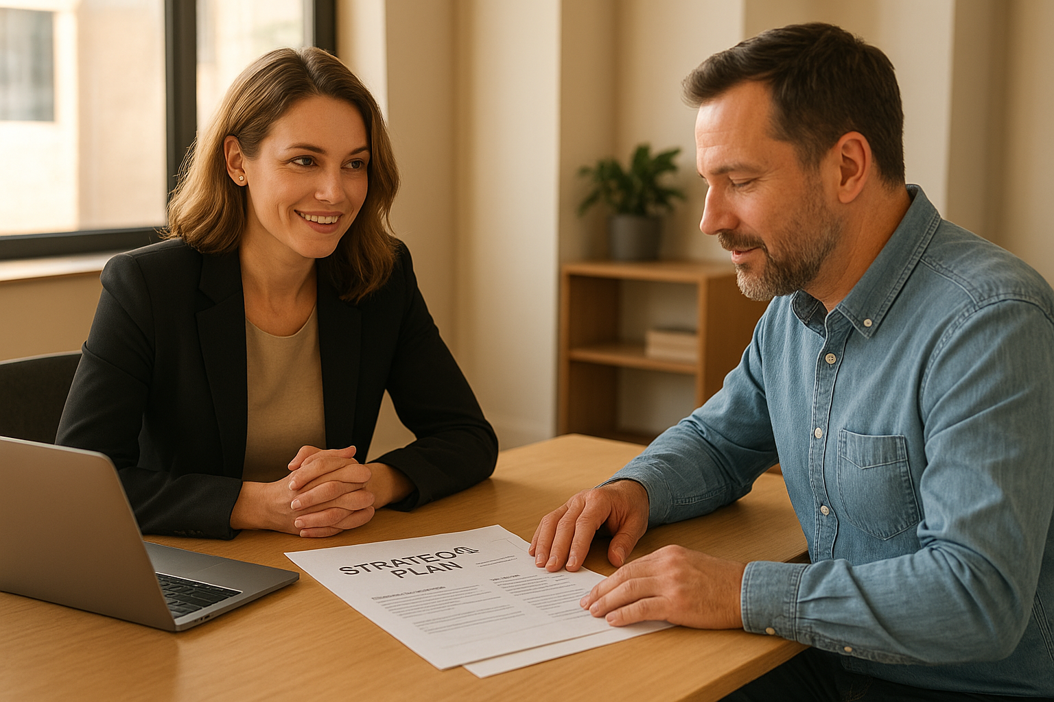 HR consultant and small business owner reviewing a strategic HR consulting plan together