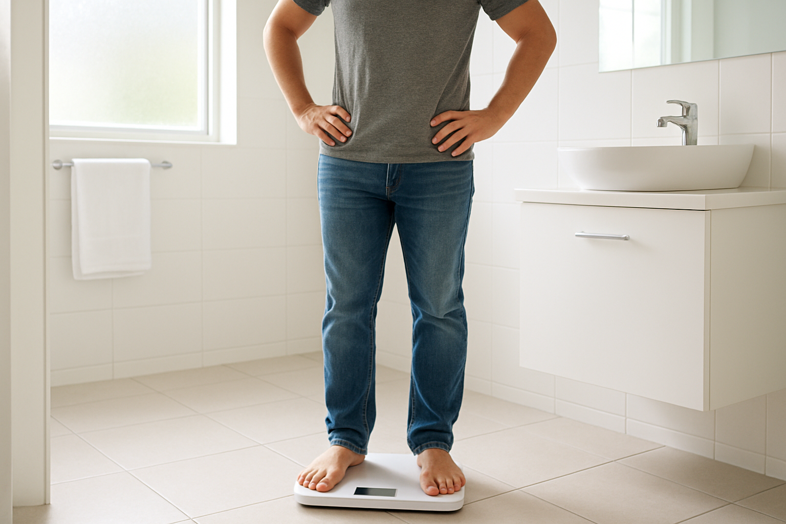 Person tracking weight loss progress at home as part of a medical weight loss Ontario program