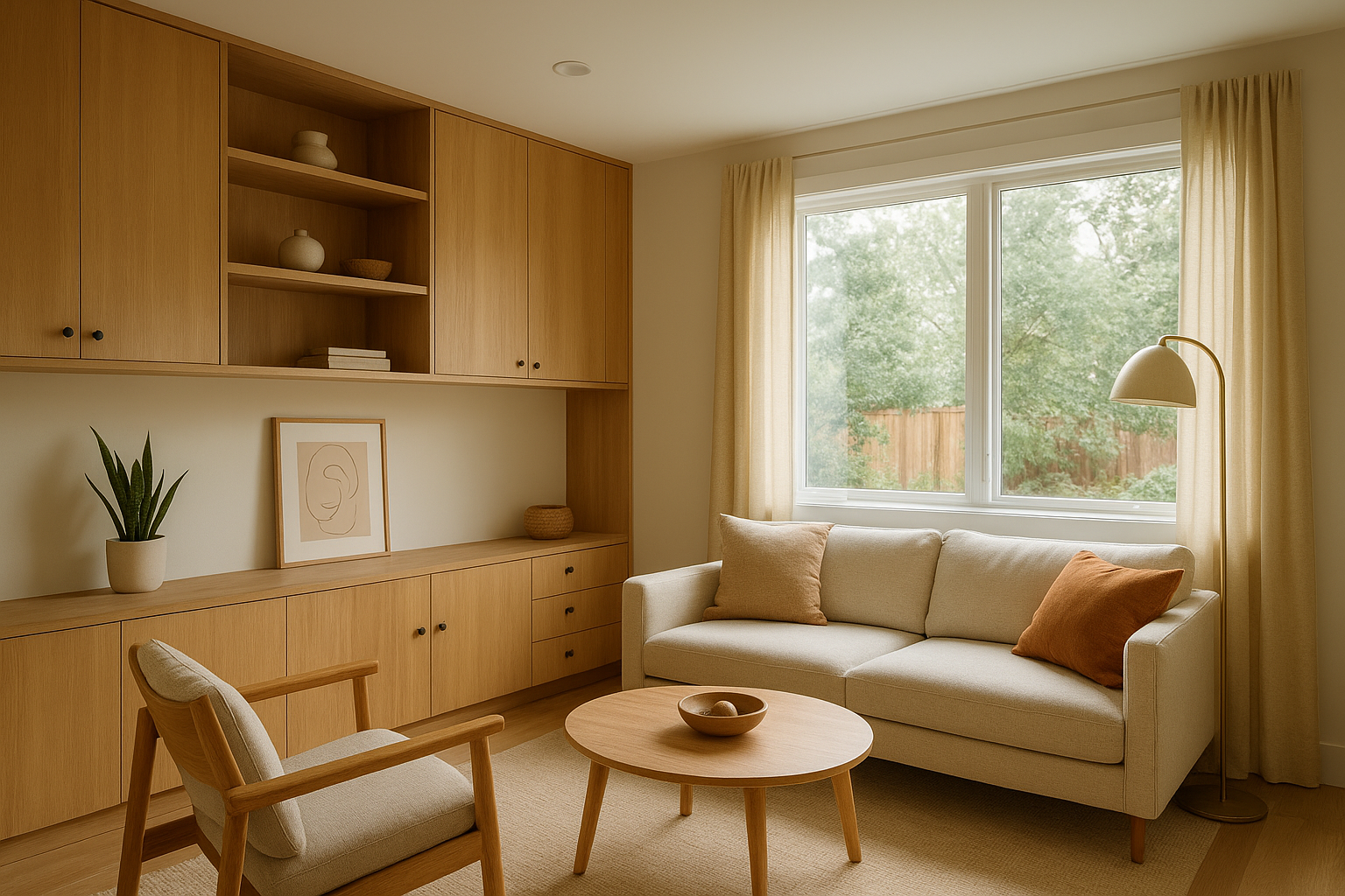 Finished attached ADU interior with custom built-in cabinetry in a Los Angeles home