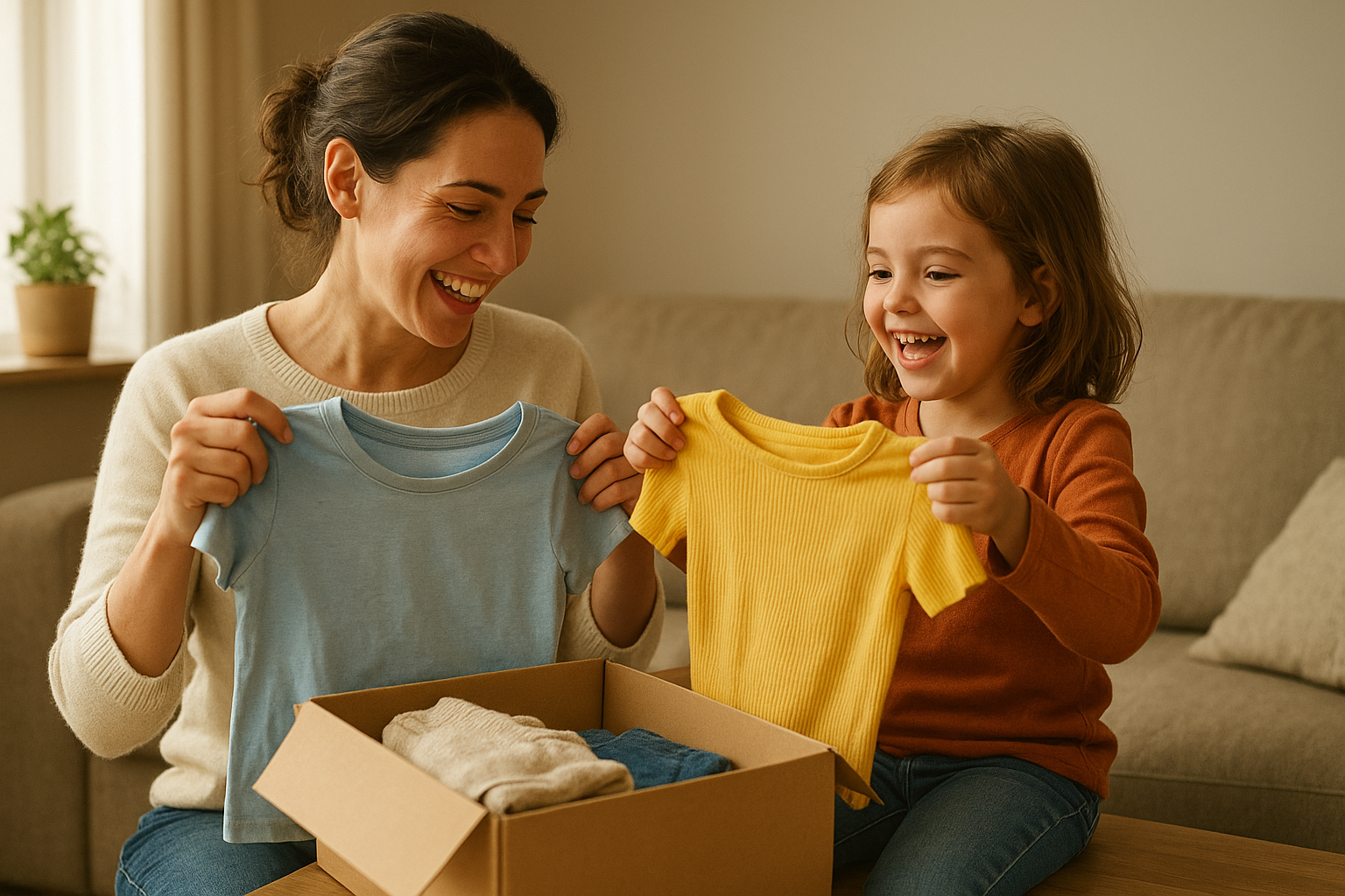 Parent and child choosing items from a kids fashion subscription delivery box