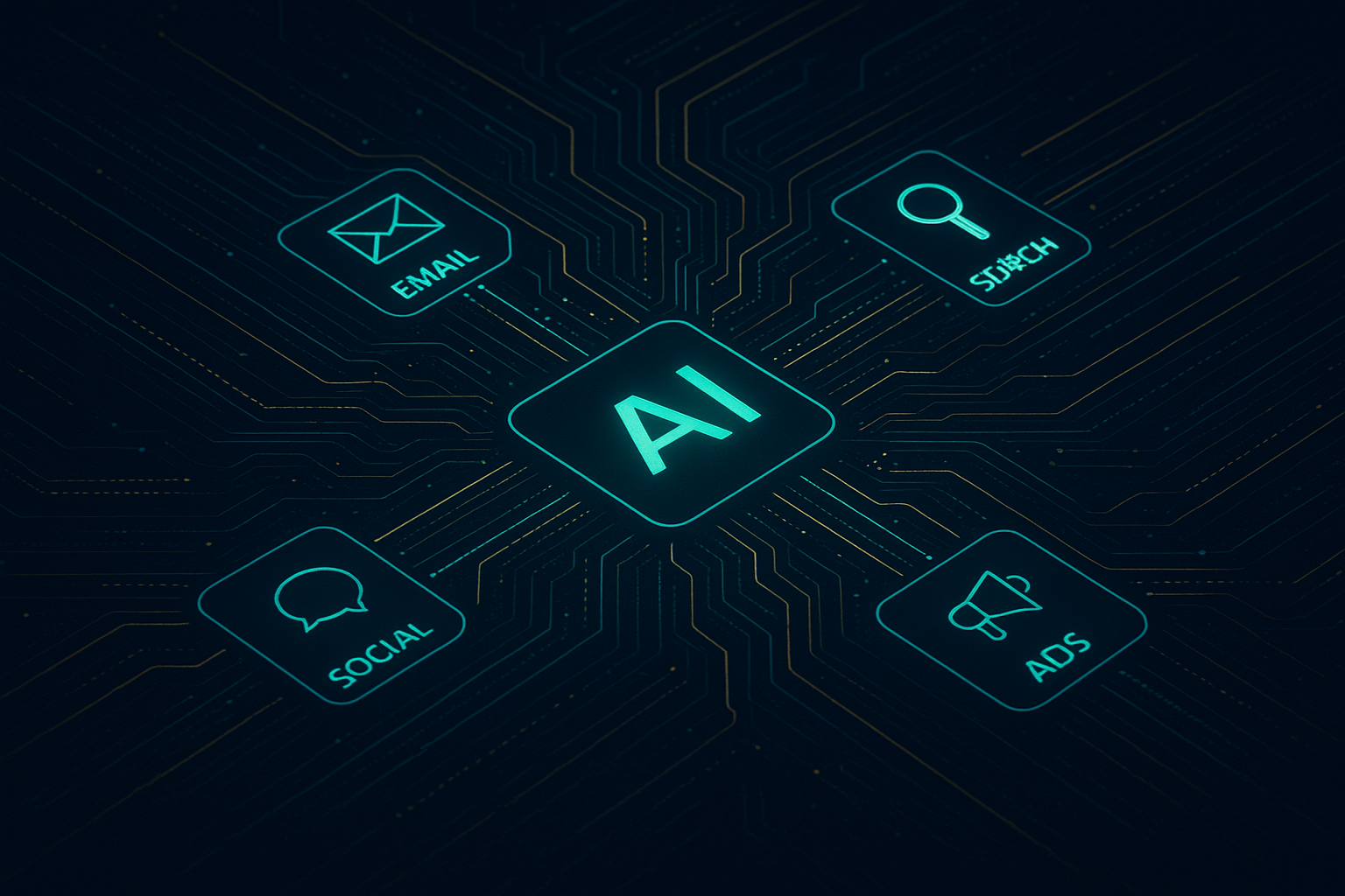 Interconnected AI marketing channels showing how machine learning connects SEO, email, social, and advertising data