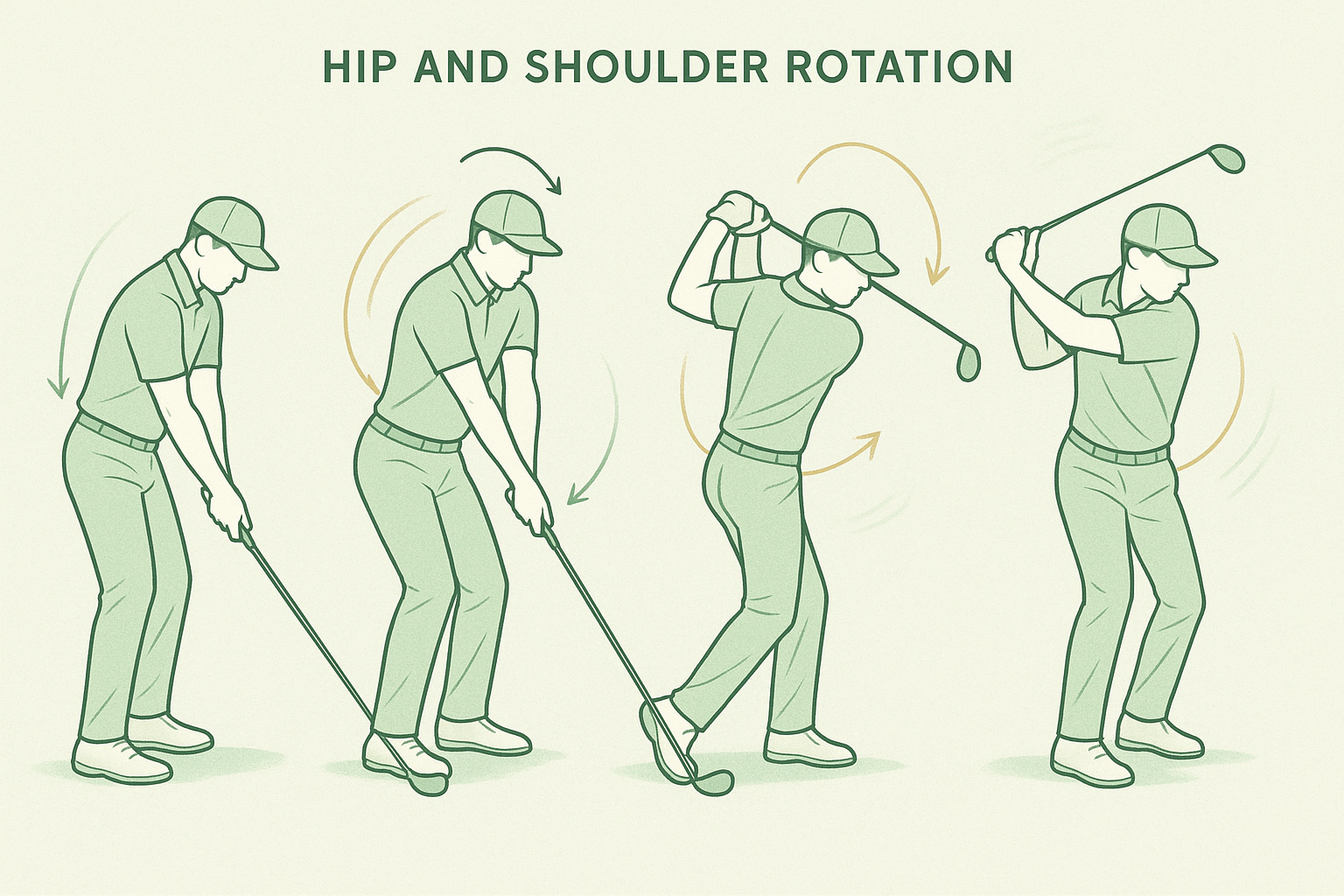 Illustration of golf swing biomechanics showing hip and shoulder rotation sequence