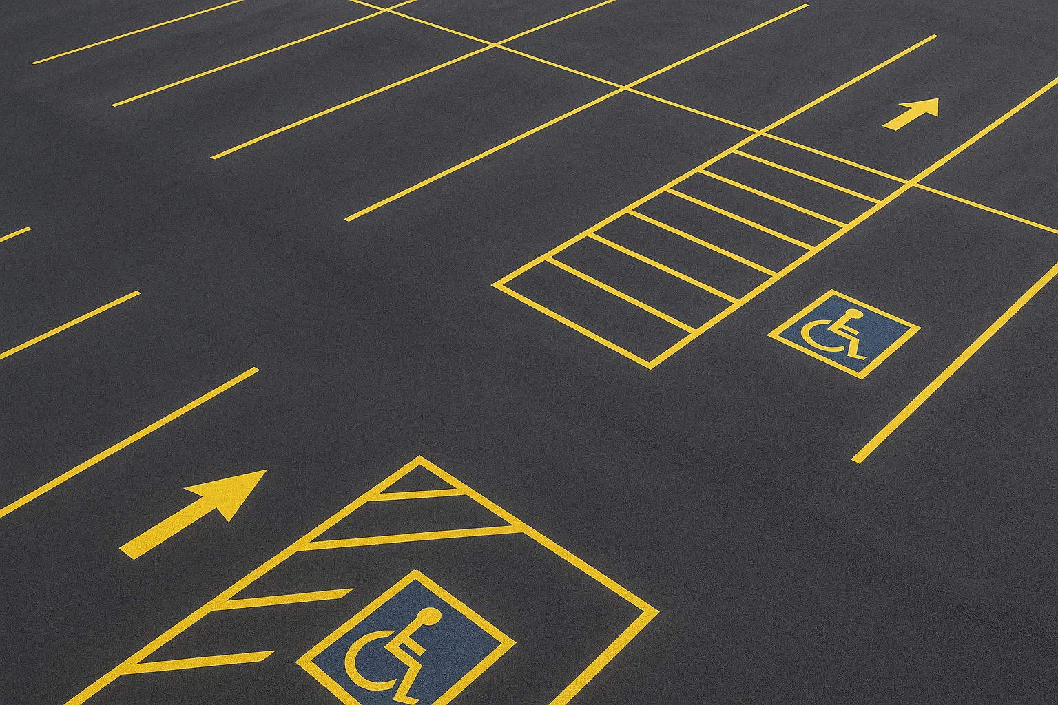 Freshly striped commercial parking lot showing customized parking solutions Texas businesses rely on