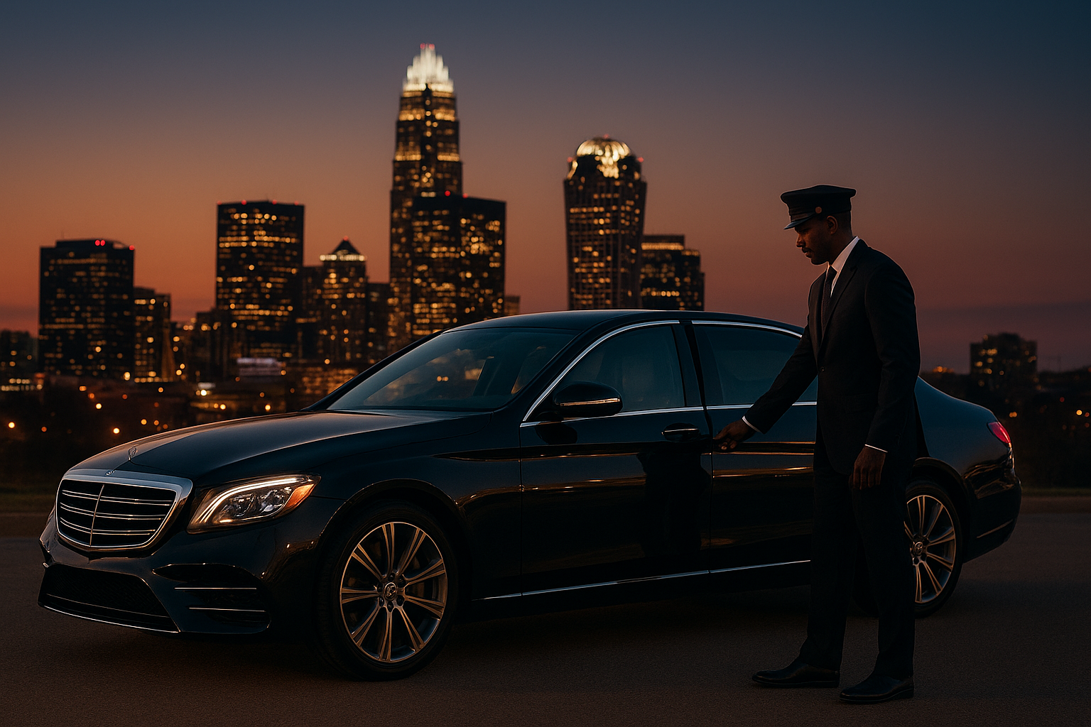 Chauffeur opening car door for point to point car service Charlotte client with city skyline behind