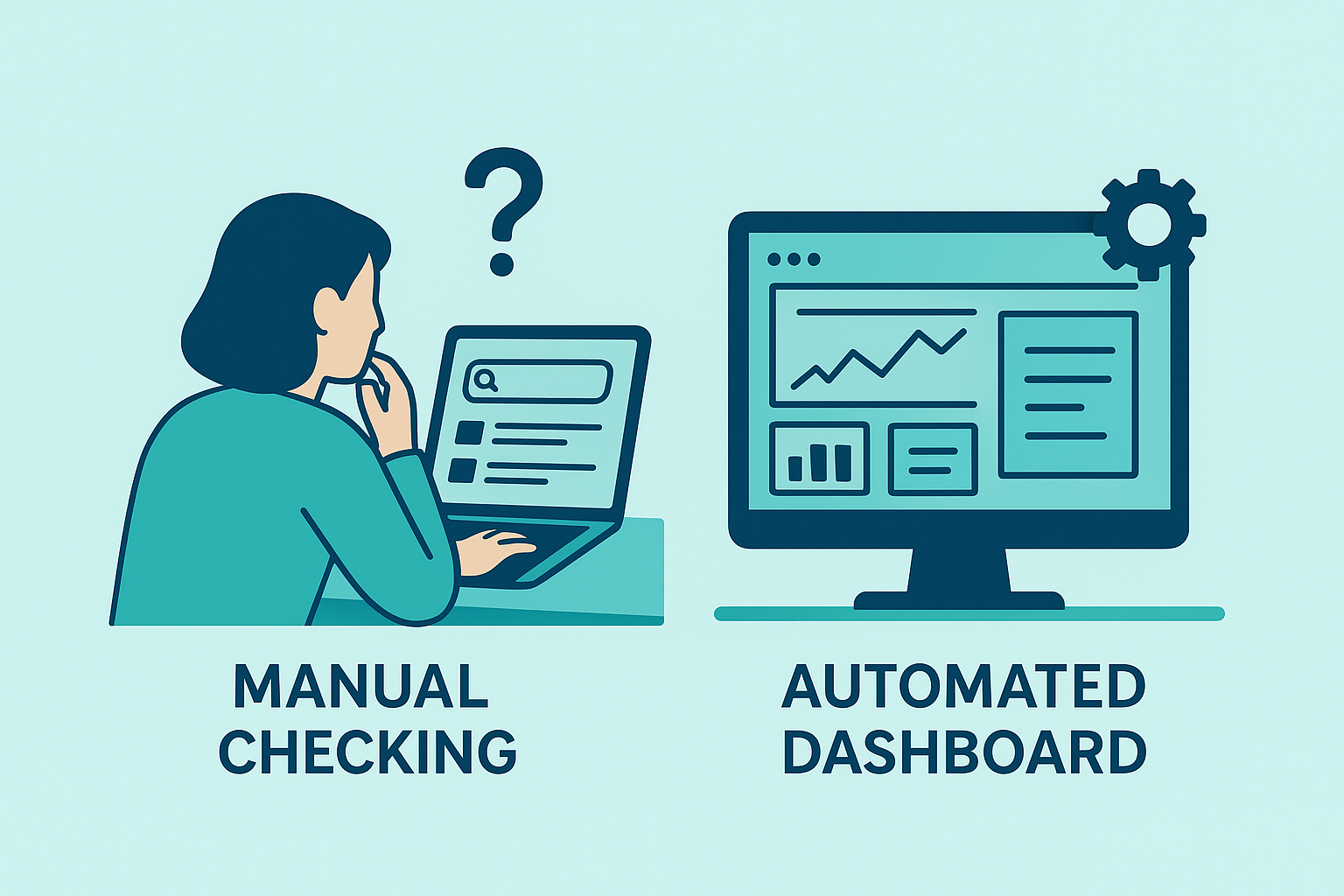 Comparison illustration of manual SERP checking versus automated SERP analysis software