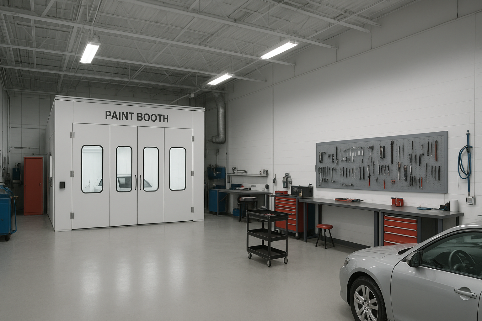 Modern auto body repair facility equipped for collision and paint repair services