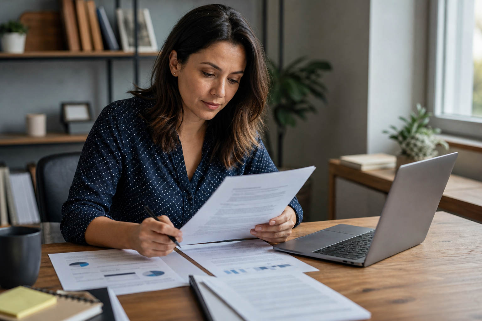 Small business owner conducting an HR risk assessment at a desk with documents and a laptop
