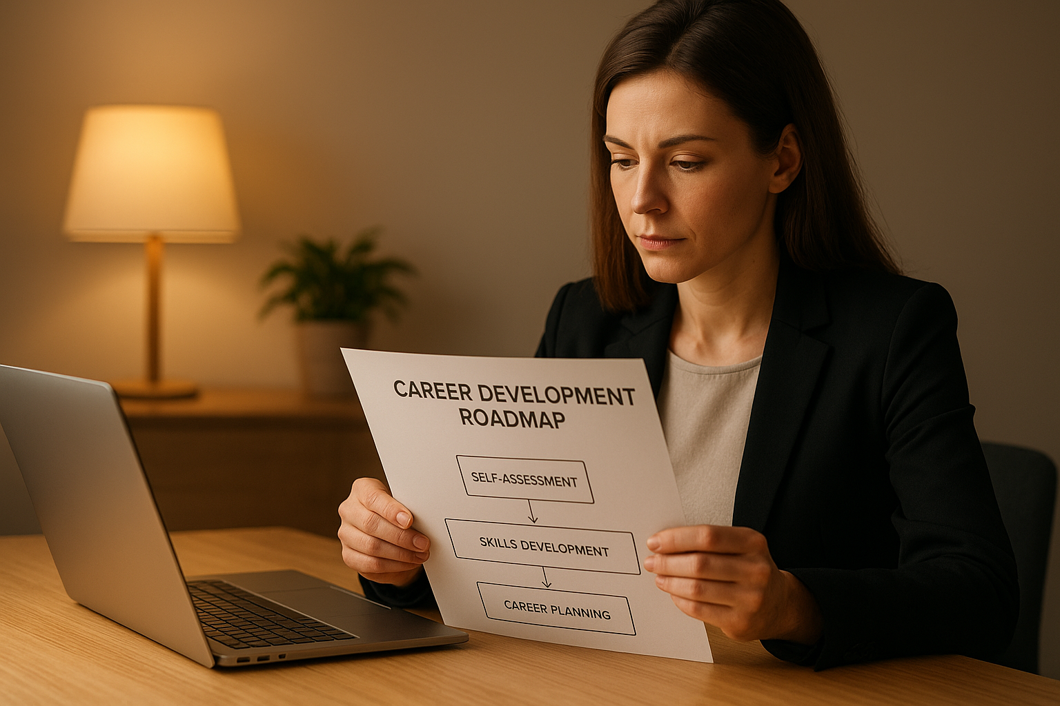 HR professional reviewing an individual employee professional development plan at a desk