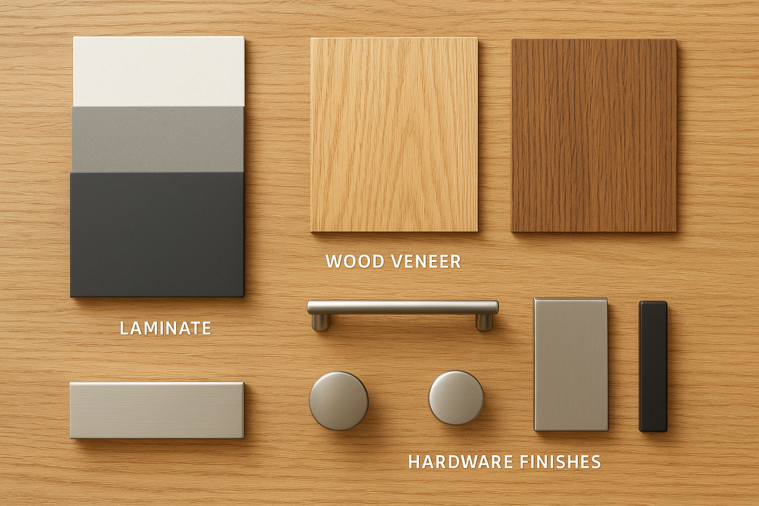 Sample cabinet door materials and hardware finishes used to estimate refacing kitchen cabinets cost
