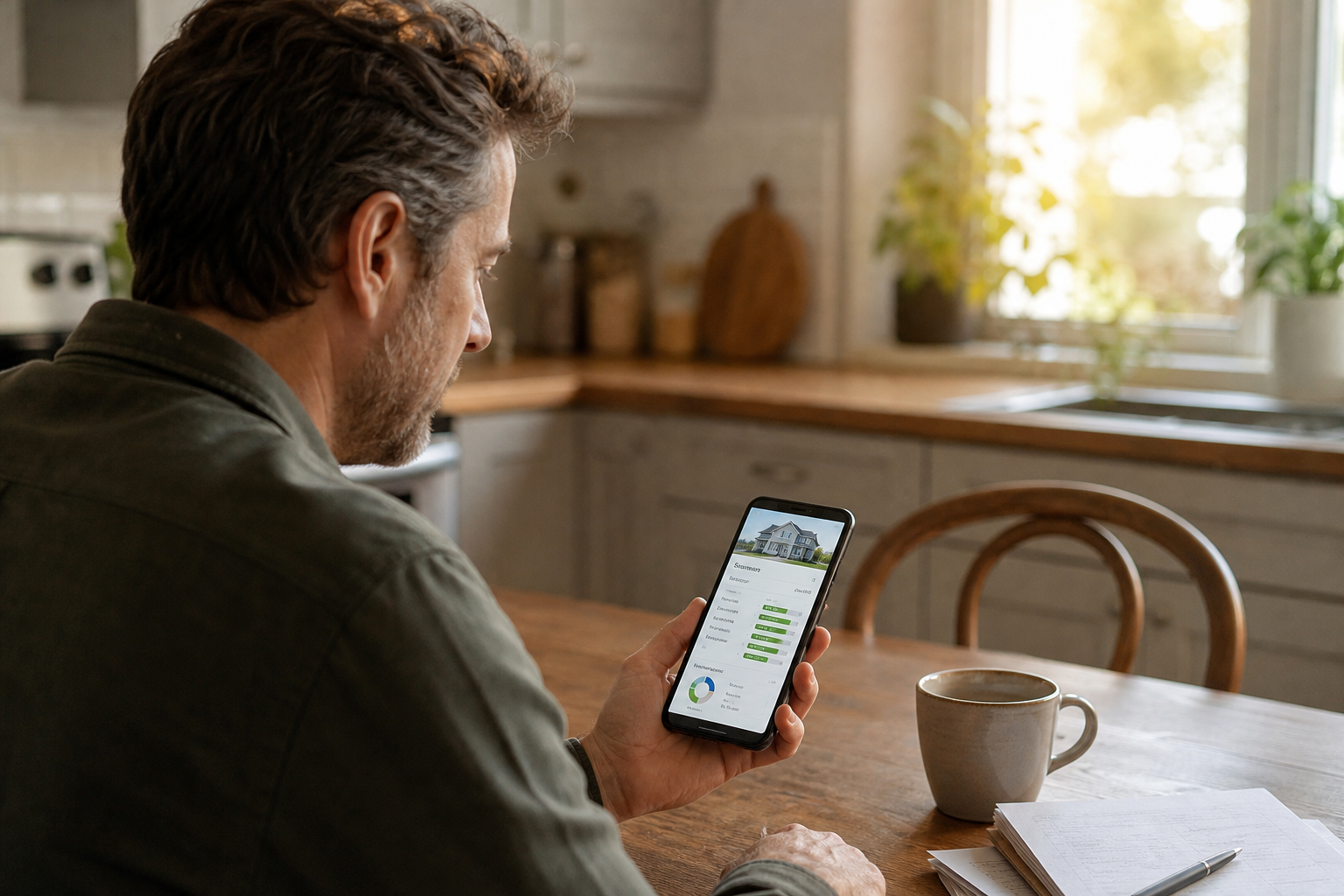 Homeowner checking a home value estimate on a smartphone at a kitchen counter