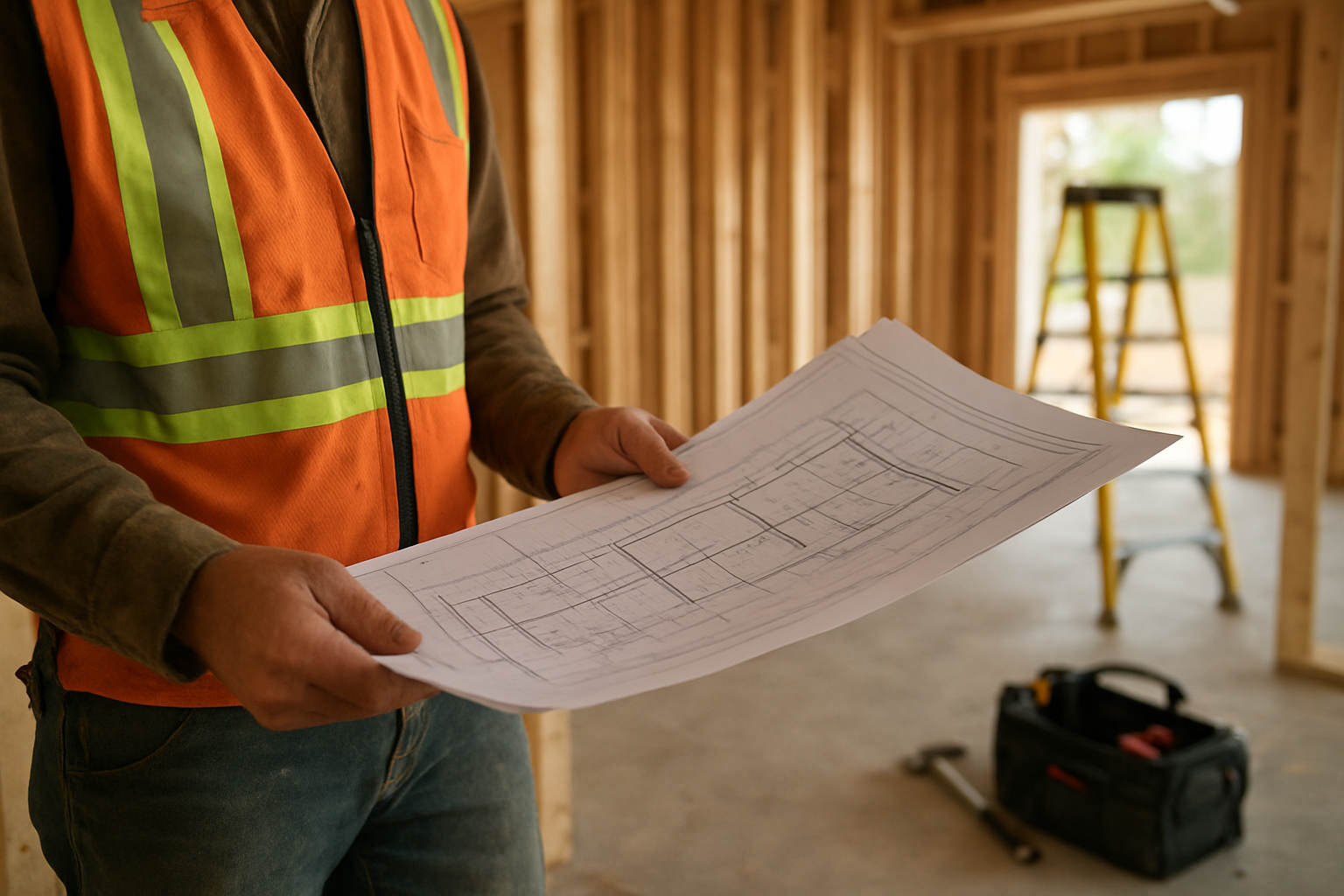 Contractor reviewing blueprints on-site during a garage conversion construction project