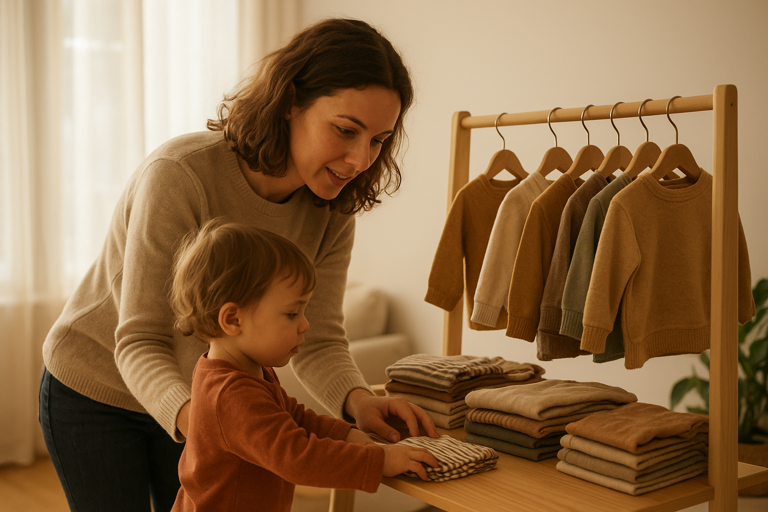 Parent and child browsing a curated rack of rental clothing for kids