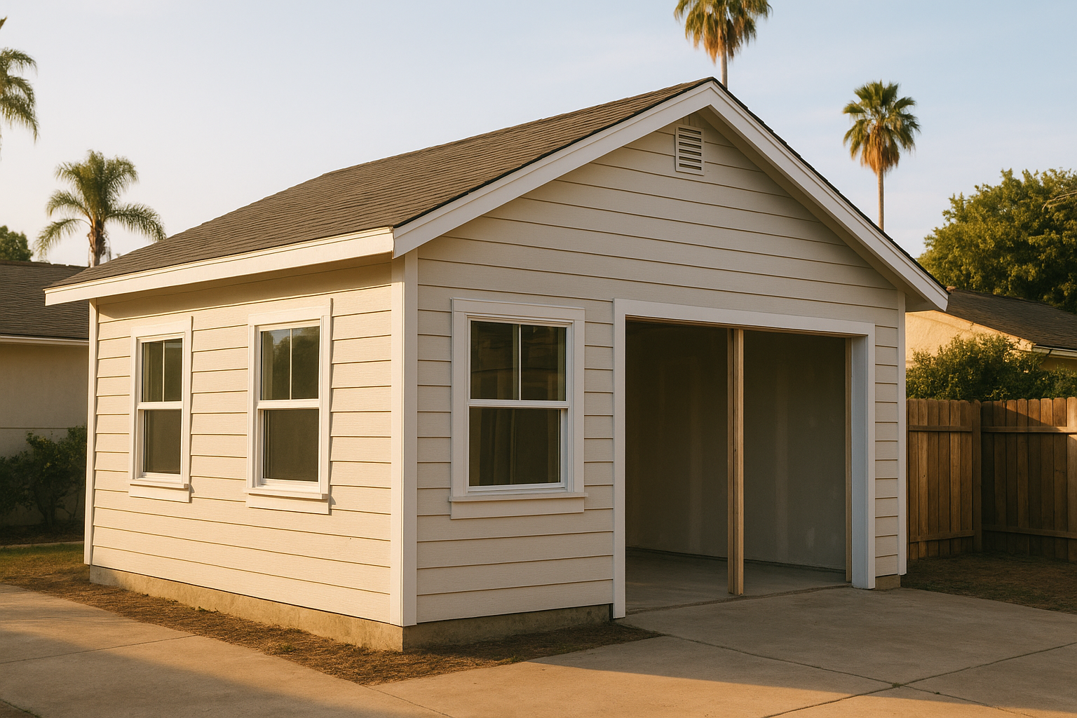 Exterior of a two-car garage undergoing an ADU garage conversion in Southern California