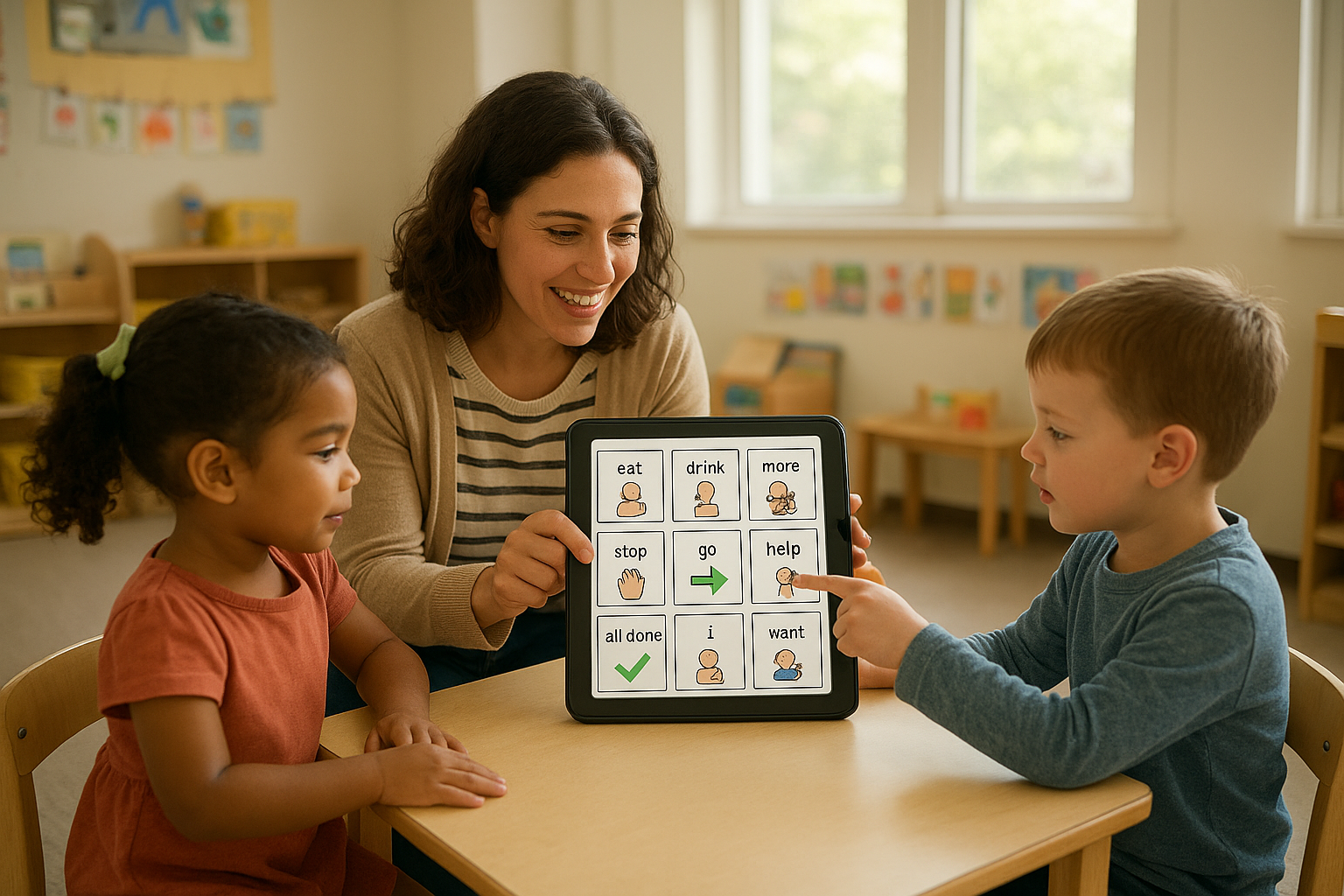 Teacher modeling core vocabulary words on an AAC device with young students