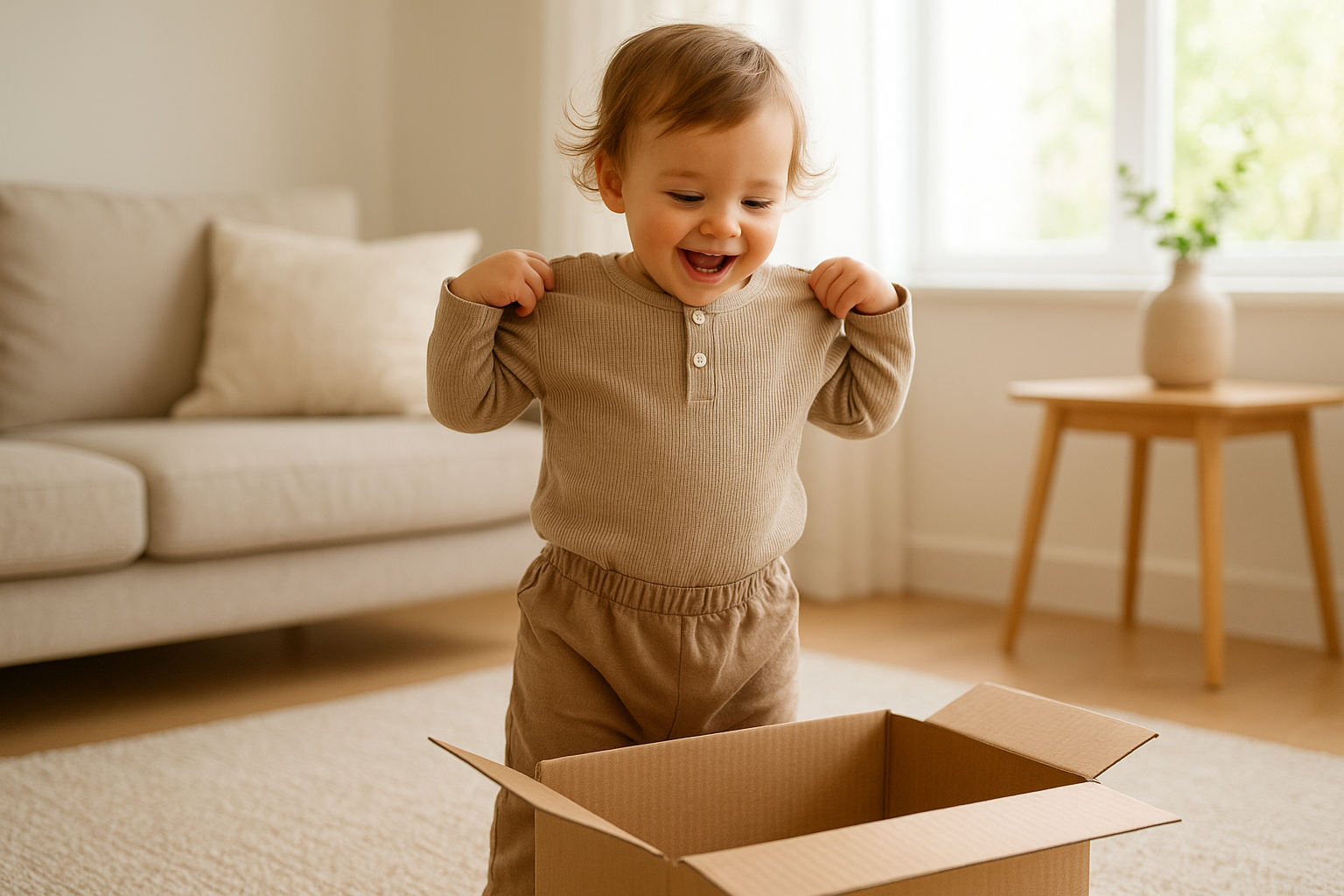 Toddler unboxing a rotating wardrobe delivery from a sustainable kids clothing rental service