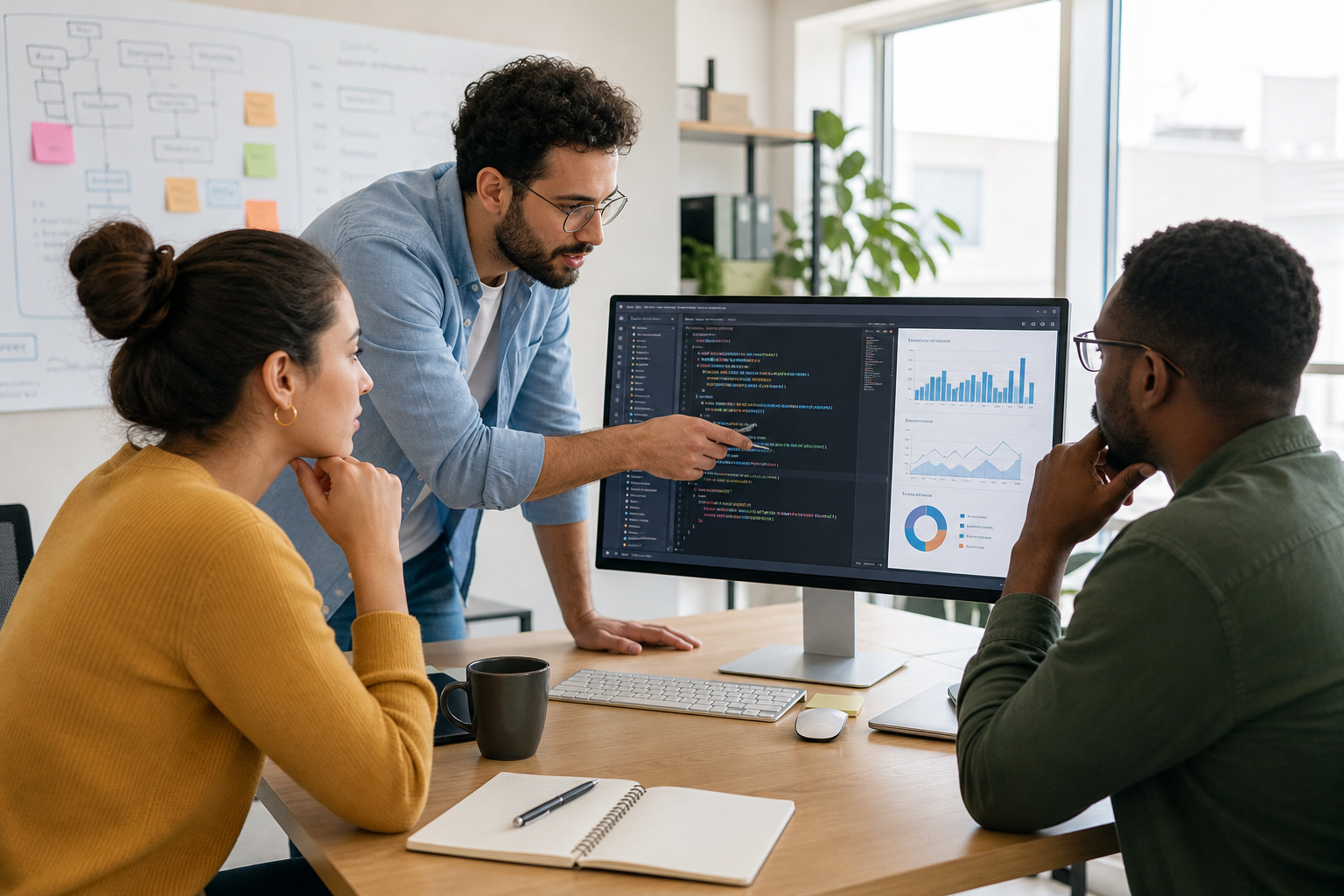 Small business team discussing a switch to a new client management platform