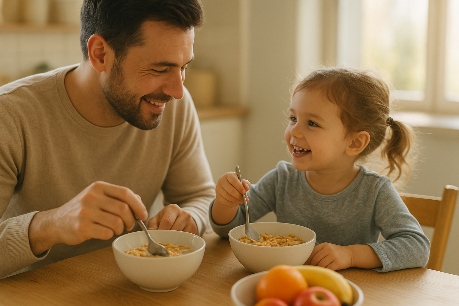 Parent and child enjoying breakfast together with naturally flavored cereal