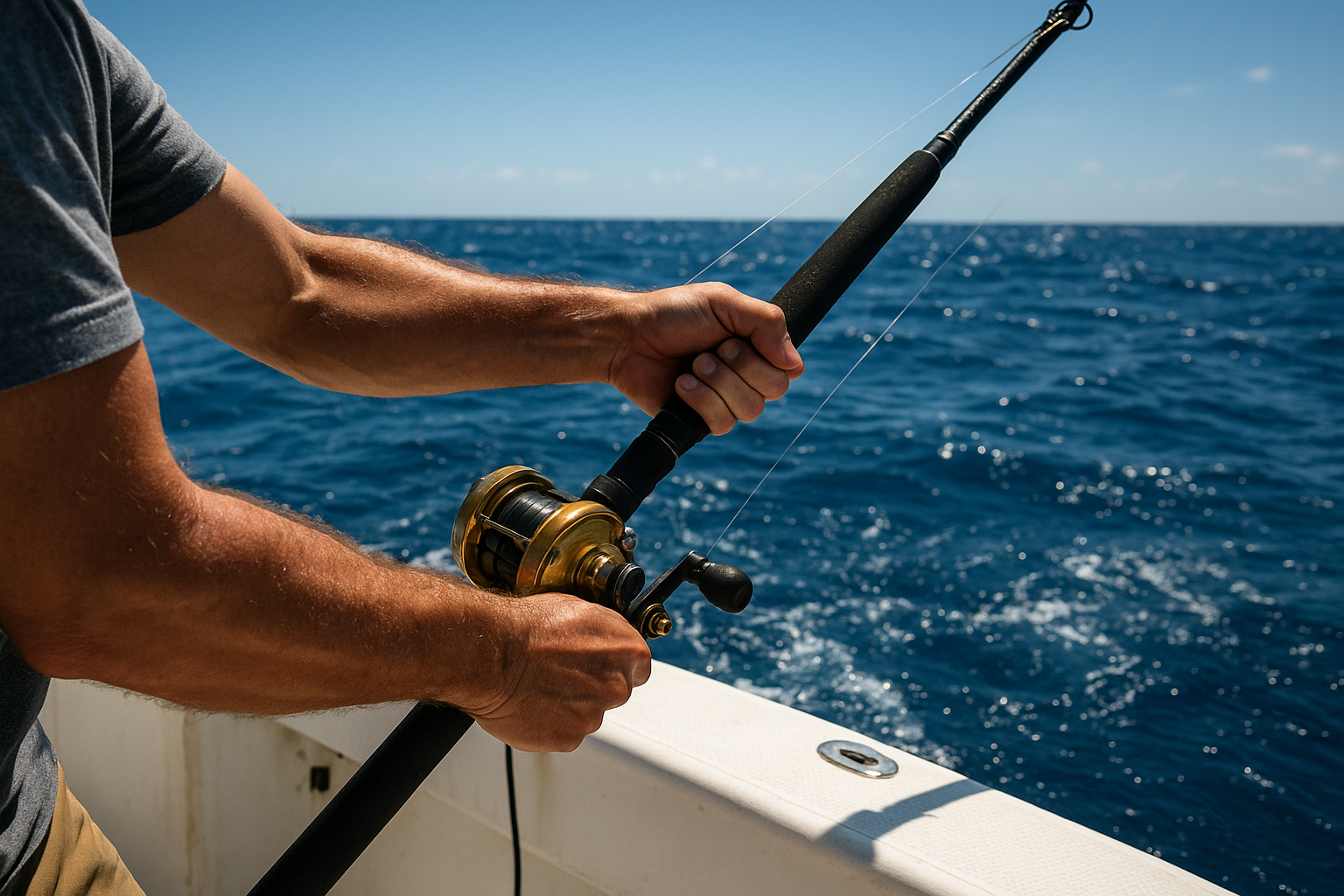 Angler reeling in a catch during an affordable offshore fishing charter near Myrtle Beach