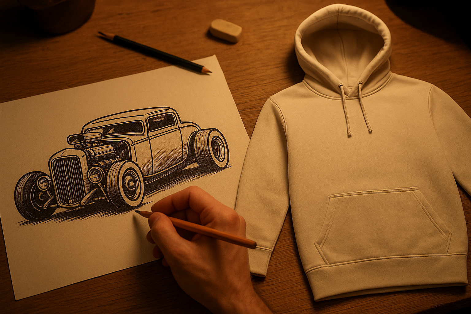 Designer sketching a vintage-inspired hot rod graphic for a custom hoodie print