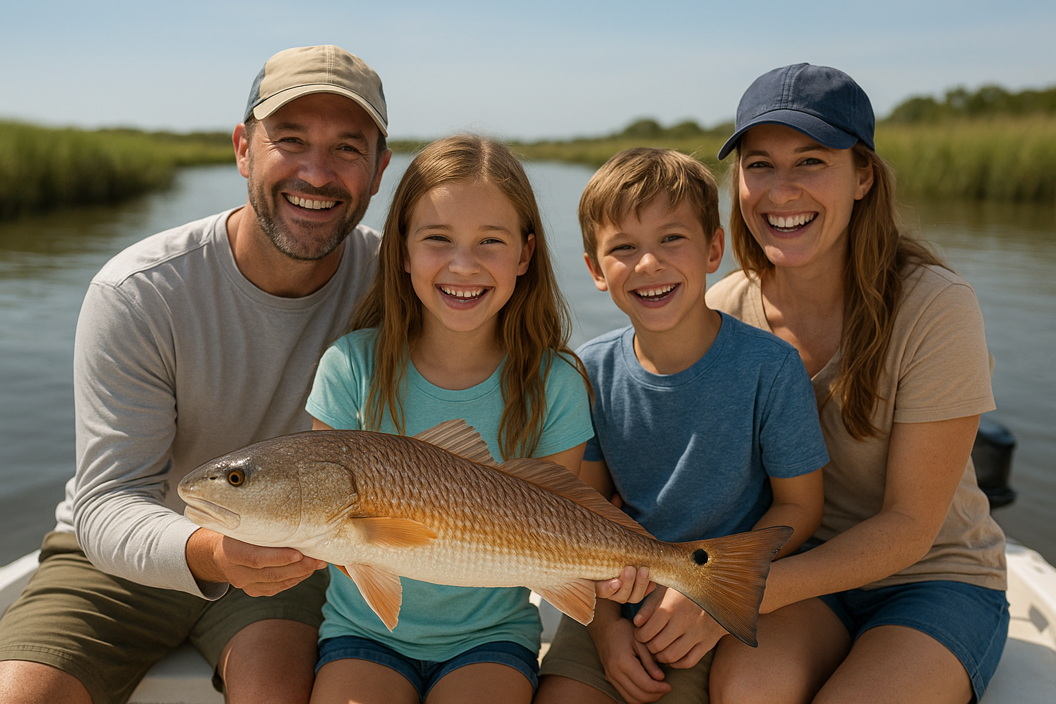 Family celebrating a redfish catch on a private inshore creek fishing charter