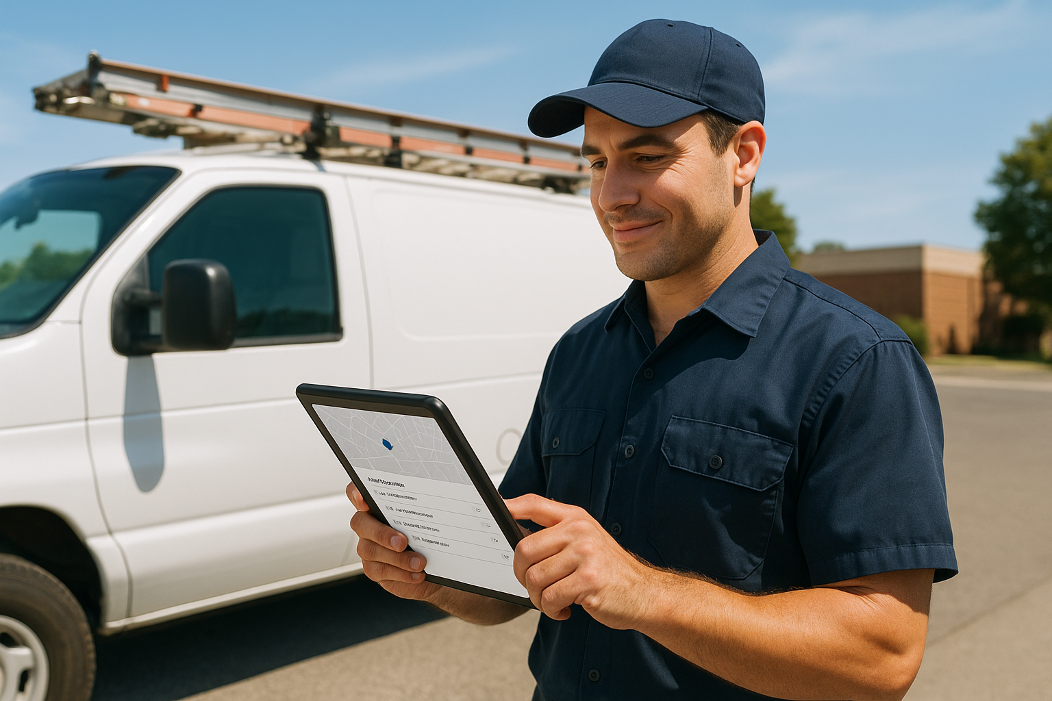 Field technician using a mobile app for job dispatch, GPS tracking and invoicing