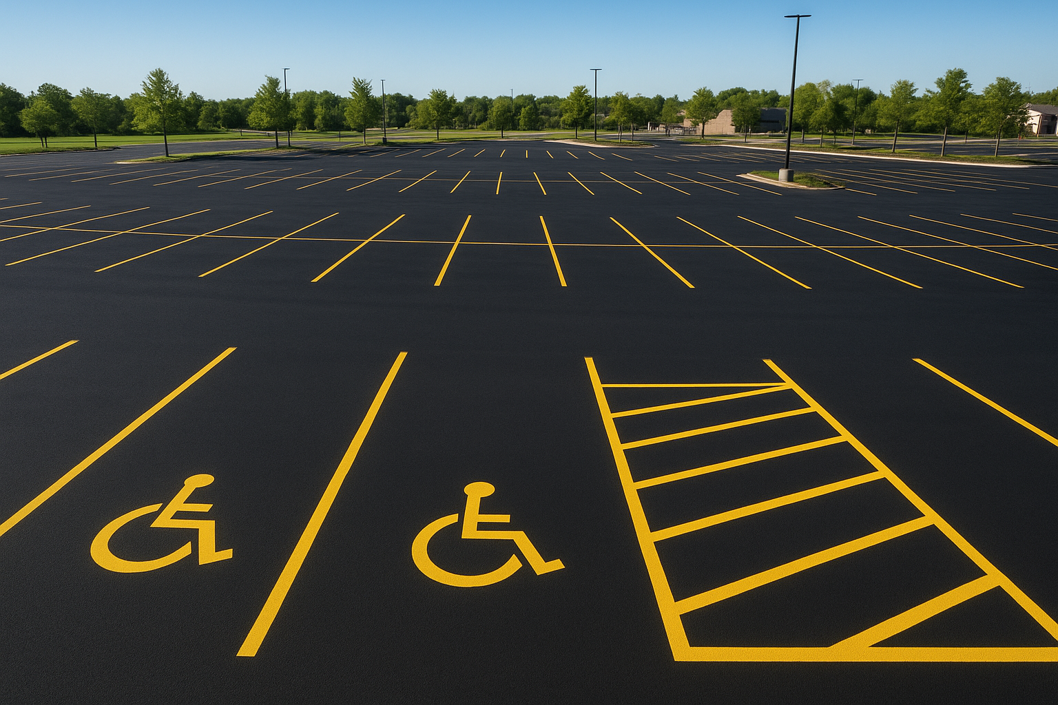 Freshly painted commercial parking lot showing ADA compliant markings and directional arrows