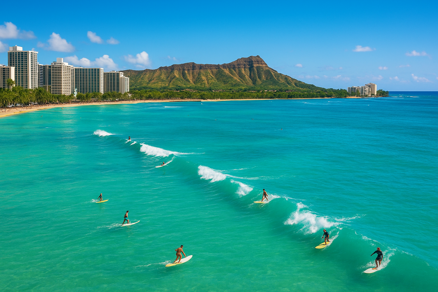 Aerial view of Waikiki Beach with surfers riding waves and Diamond Head in the background