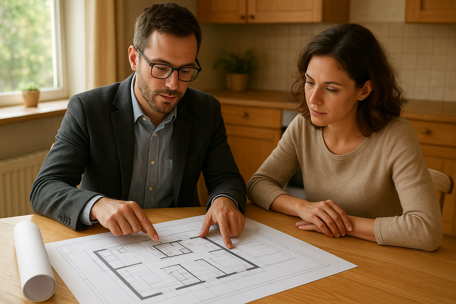 Homeowner and architect reviewing ADU blueprints and permit plans at a kitchen table