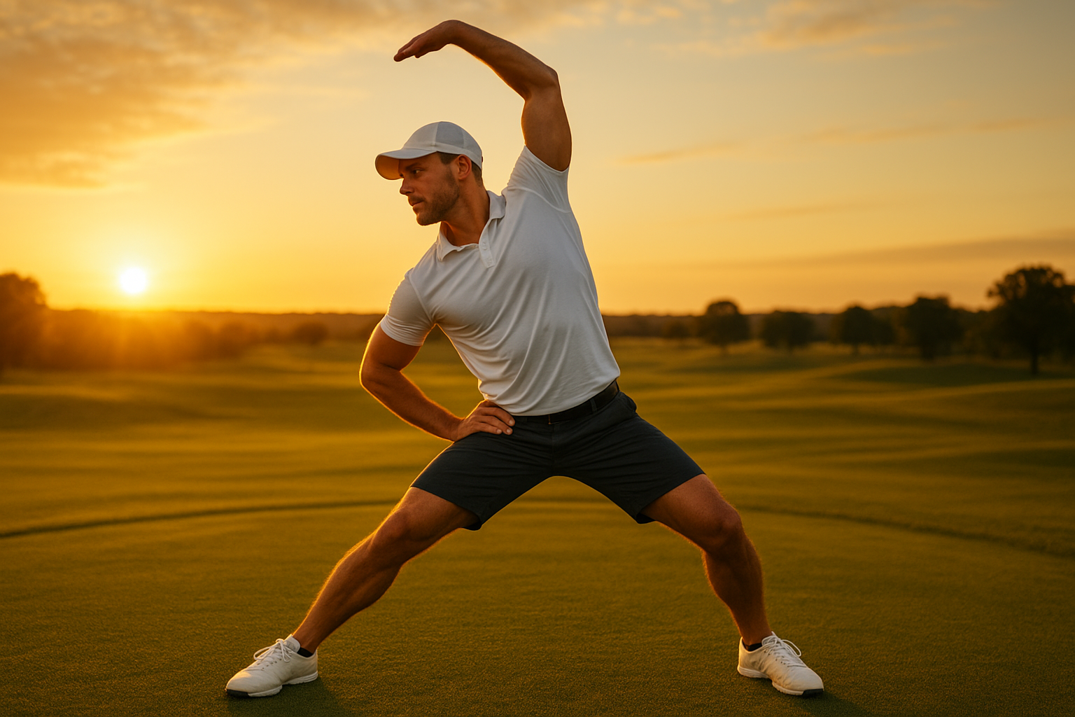 Golfer performing rotational mobility exercise outdoors as part of physical conditioning