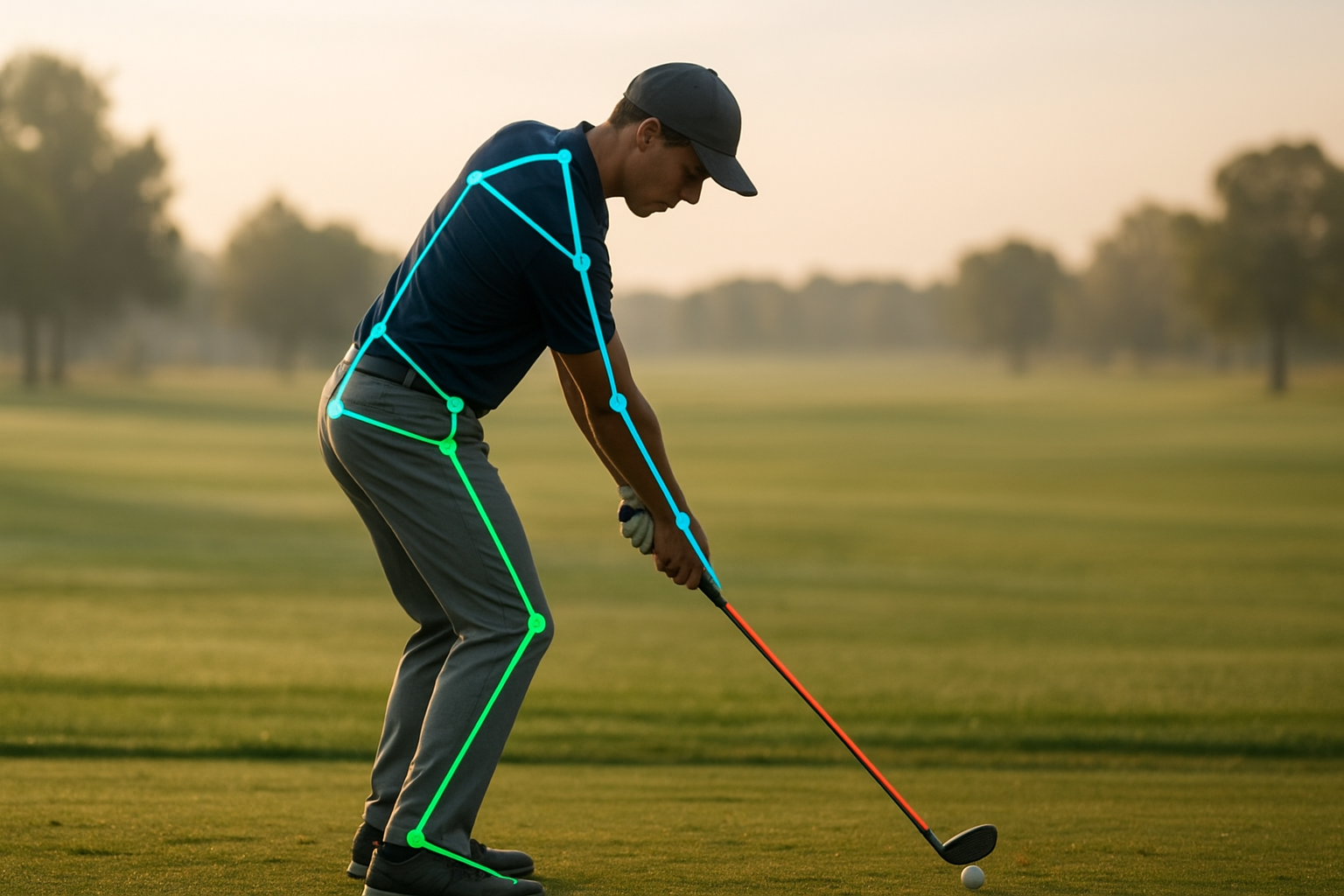 Golfer's swing captured for online golf swing analysis with motion tracking overlay