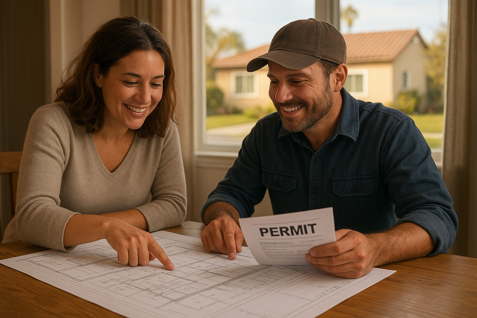 Homeowner and contractor reviewing detached ADU permits Riverside County paperwork and blueprints at a table