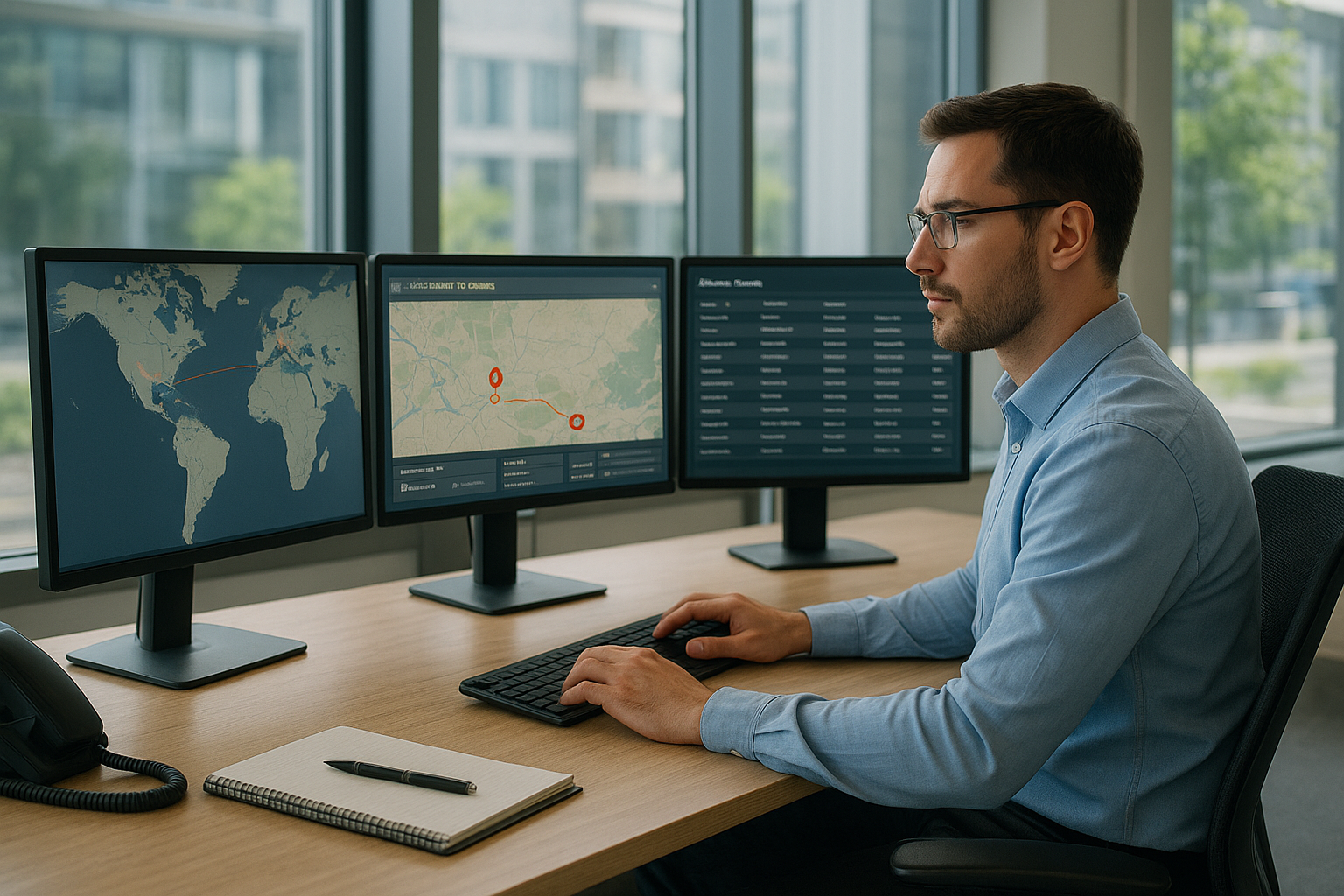 Logistics dispatcher coordinating transportation and tracking freight shipments on multiple screens
