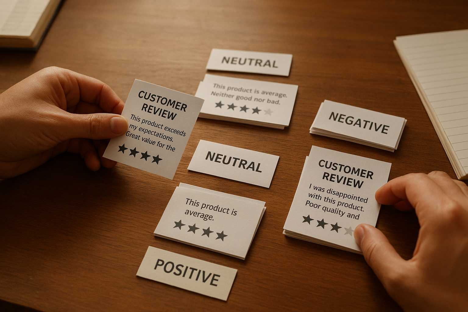 Marketing team sorting negative customer reviews into labeled complaint theme piles