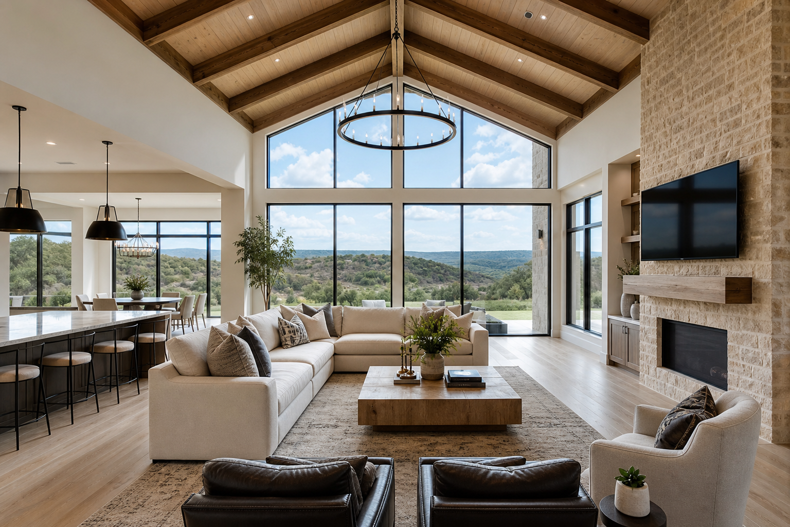 Open-concept luxury living room interior with vaulted ceiling and hill country views